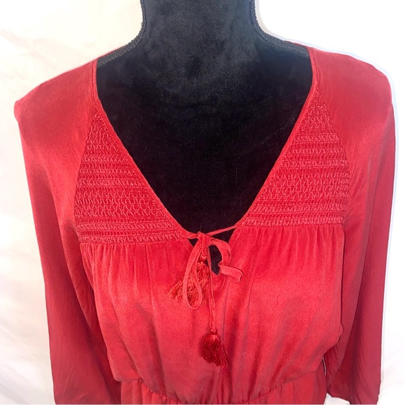 Madewell Red Silk Size 8 Elastic Waist Smocked Shoulder Long Sleeve Mini Dress - Picture 4 of 10